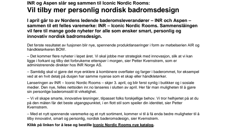 INR og Aspen slår seg sammen til Iconic Nordic Rooms: Vil tilby mer personlig nordisk badromsdesign 