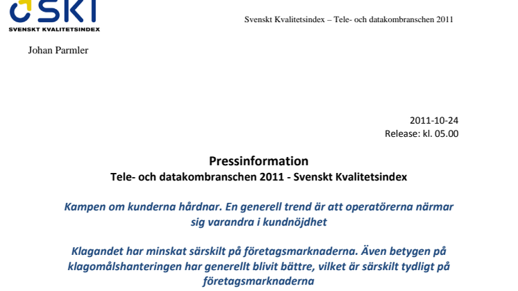 Tele- och datakombranschen 2011 - Svenskt Kvalitetsindex
