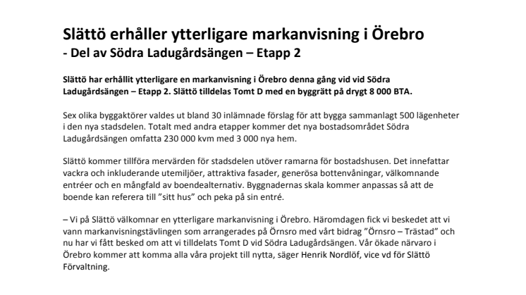 Slättö erhåller ytterligare markanvisning i Örebro - Del av Södra Ladugårdsängen – Etapp 2