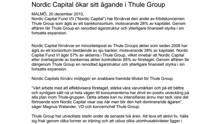 Nordic Capital ökar sitt ägande i Thule Group