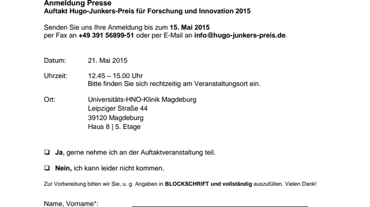 Anmeldung Auftakt Hugo-Junkers-Preis 2015