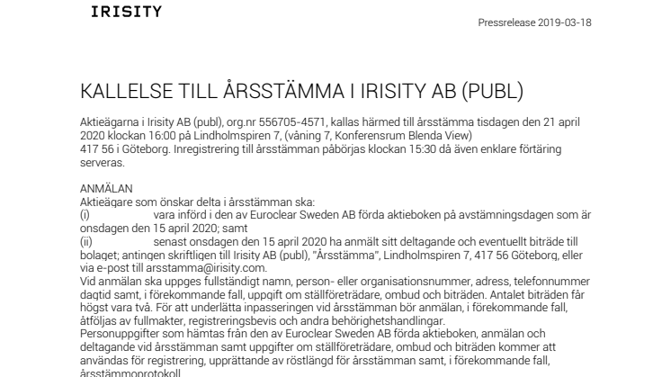 KALLELSE TILL ÅRSSTÄMMA I IRISITY AB (PUBL)