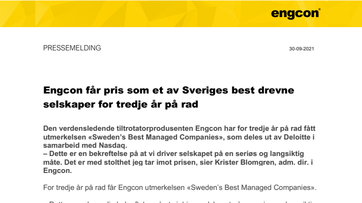 300921_Press_Engcon får pris som et av Sveriges best drevne selskaper for tredje år på rad