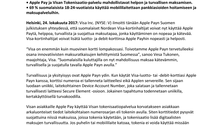 Suomalaiset Nordean Visa-kortinhaltijat voivat nyt käyttää Apple Paytä