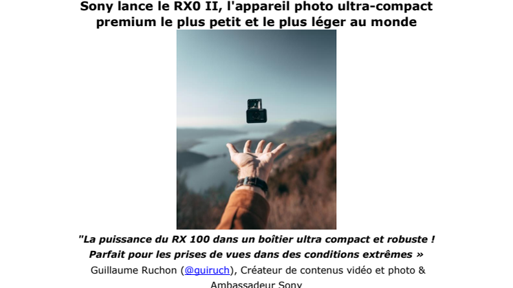 Sony lance le RX0 II, l'appareil photo ultra-compact premium le plus petit et le plus léger au monde 