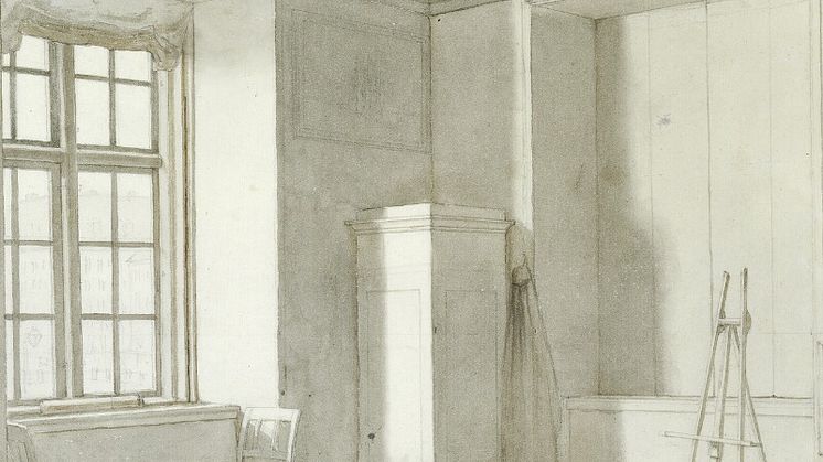 Hjørne af Eckersbergs atelier på Charlottenborg. Ca. 1848. Usigneret. Pen og tuschlavering på papir. Bladstørrelse 25 x 26. Hammerslag 620.000 kr.