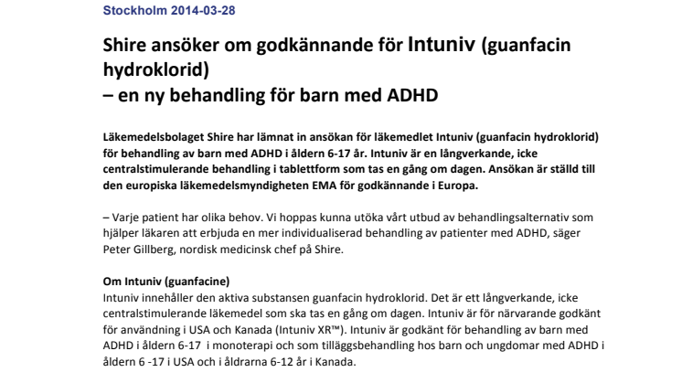 Shire ansöker om godkännande för Intuniv (guanfacin hydroklorid)  – en ny behandling för barn med ADHD 