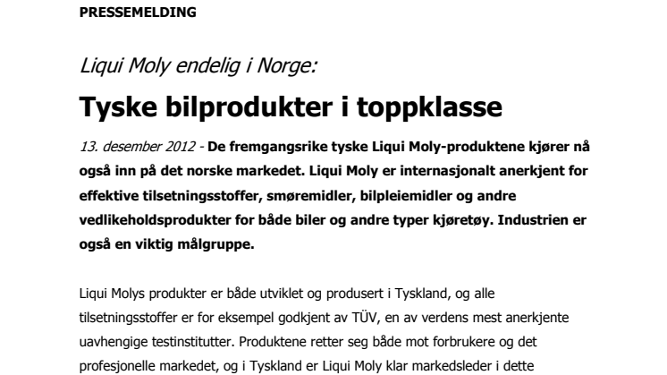 Liqui Moly endelig i Norge: Tyske bilprodukter i toppklasse