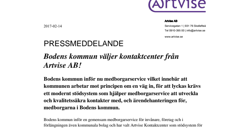 Bodens kommun väljer kontaktcenter från Artvise AB!