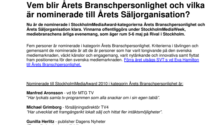 StockholmMediaAward 2010: Vem blir Årets Branschpersonlighet och vilka är nominerade till Årets Säljorganisation? 