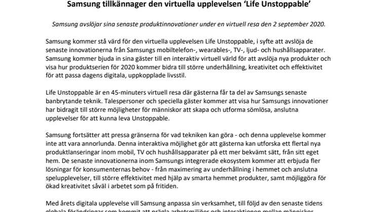 Samsung tillkännager den virtuella upplevelsen ‘Life Unstoppable’ 