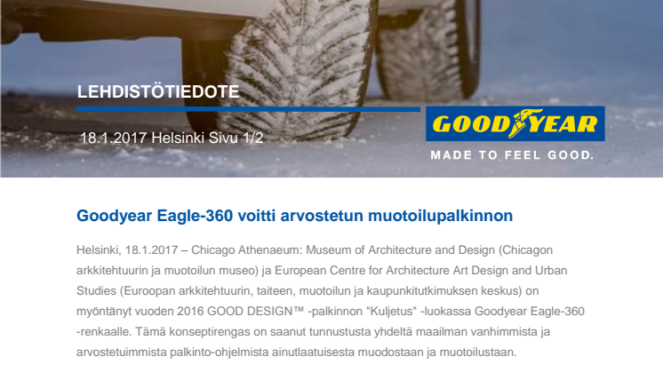 Goodyear Eagle-360 voitti arvostetun muotoilupalkinnon