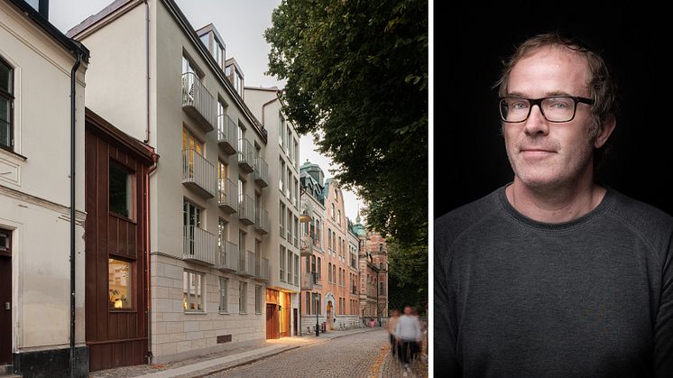 Pontus Tebäck på FOJAB tilldelas Lunds stadsbyggnadspris 2023 för flerbostadshuset på Stora Algatan 6 i Lund. Foto: Markus Linderoth/Andrea Papini