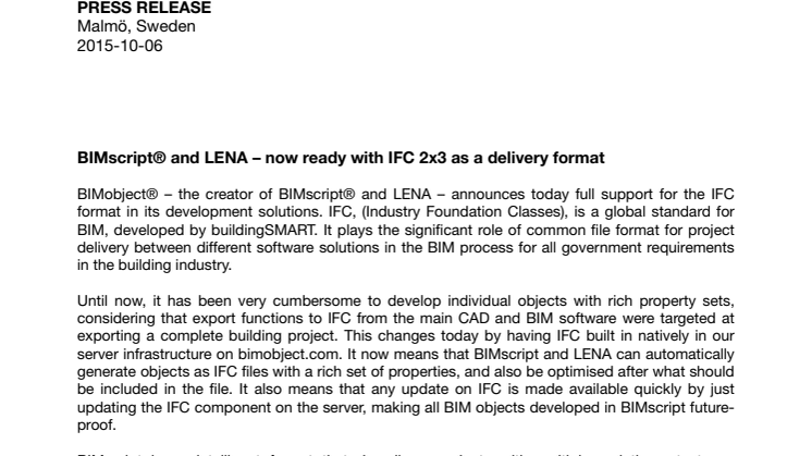 BIMscript® and LENA – now ready with IFC 2x3 as a delivery format