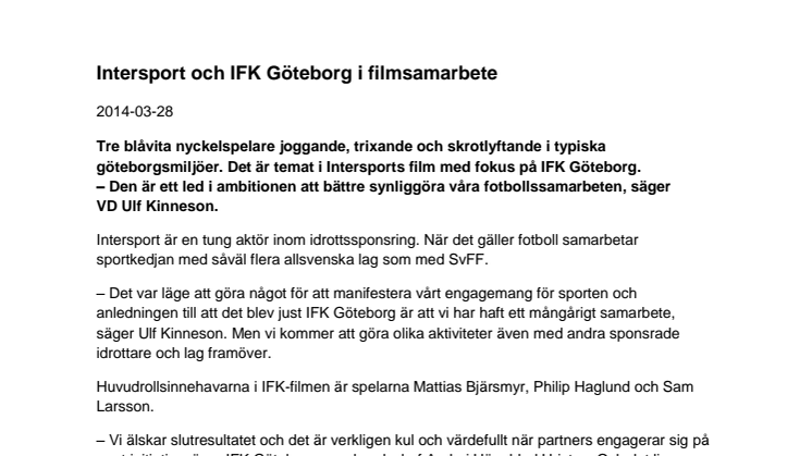 Intersport och IFK Göteborg i filmsamarbete