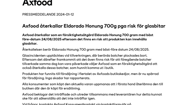 Axfood återkallar Eldorado Honung 700g pga risk för glasbitar.pdf