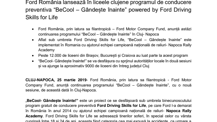 Ford România lansează în liceele clujene programul de conducere preventiva “BeCool – Gândește înainte” powered by Ford Driving Skills for Life