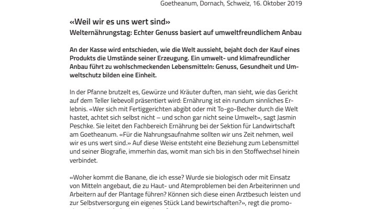 «Weil wir es uns wert sind». ​Welternährungstag: Echter Genuss basiert auf umweltfreundlichem Anbau