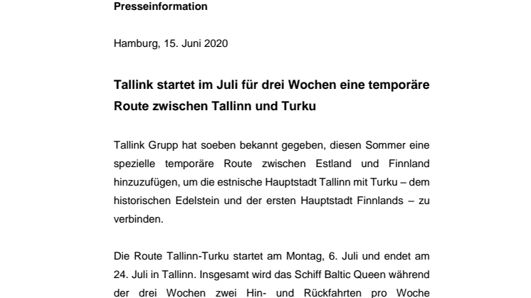 Tallink startet im Juli für drei Wochen eine temporäre Route zwischen Tallinn und Turku