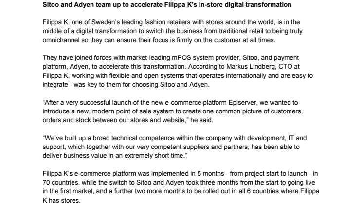 Sitoo and Adyen team up to accelerate Filippa K's in-store digital transformation