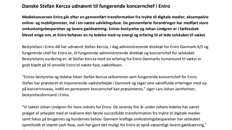 Danske Stefan Kercza udnævnt til fungerende koncernchef i Eniro