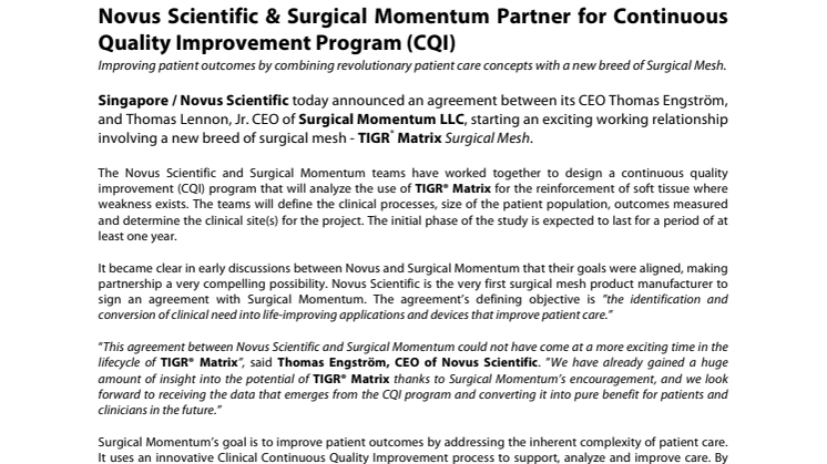 Novus Scientific & Surgical Momentum Partner for Continuous Quality Improvement Program (CQI)