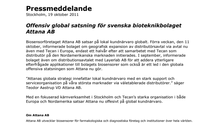 Offensiv global satsning för svenska bioteknikbolaget Attana AB