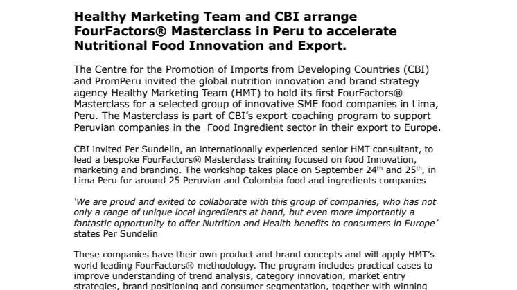 Healthy Marketing Team and CBI arrange FourFactors® Masterclass in Peru to accelerate Nutritional Food Innovation and Export