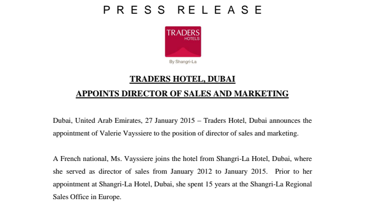 Traders Hotel, Dubai Appoints Director of Sales and Marketing