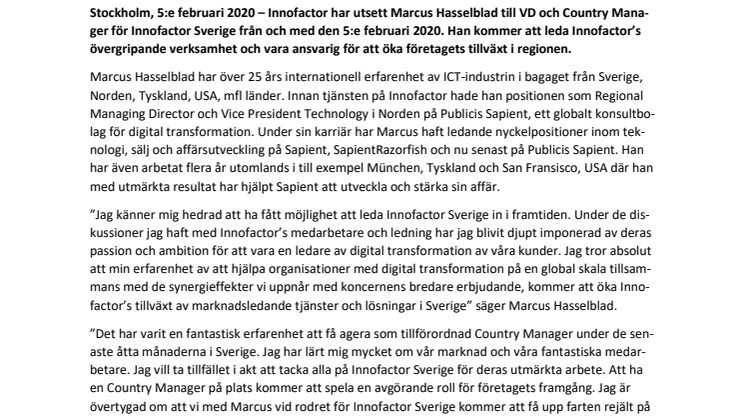 Marcus Hasselblad utsedd till Country Manager för Innofactor Sverige
