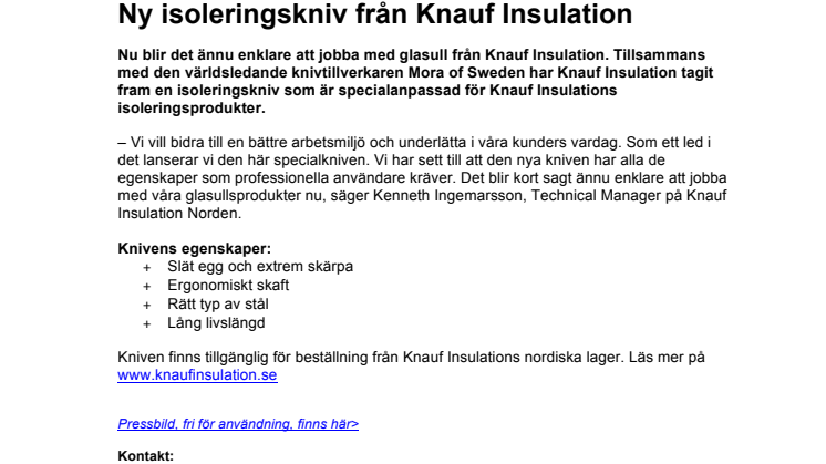 Ny isoleringskniv från Knauf Insulation