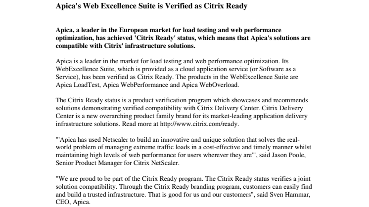 Apica's Web Excellence Suite is Verified as Citrix Ready