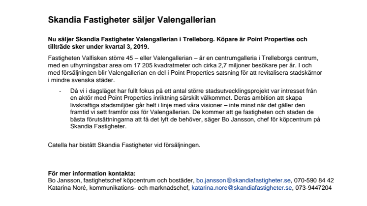 Skandia Fastigheter säljer Valengallerian 