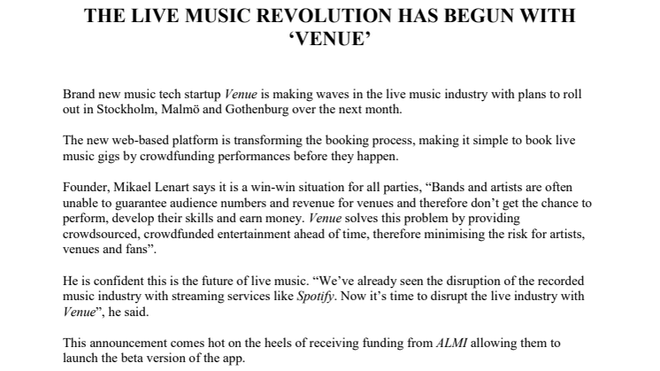 THE LIVE MUSIC REVOLUTION HAS BEGUN WITH ‘VENUE’