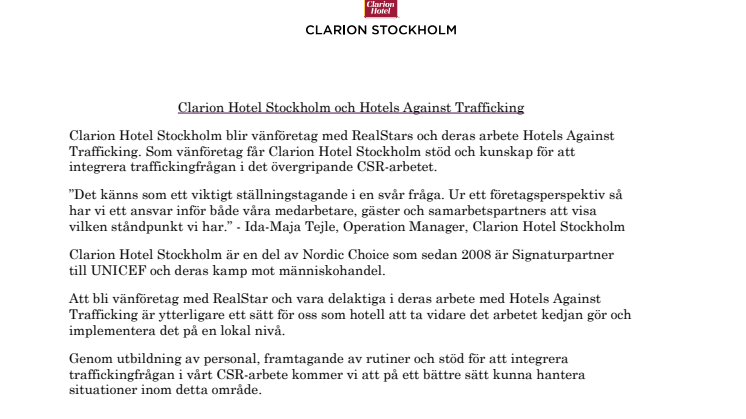 Clarion Hotel Stockholm och Hotels Against Trafficking