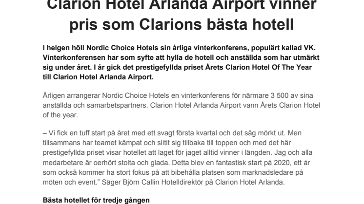 Clarion Hotel Arlanda Airport vinner pris som Clarions bästa hotell