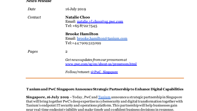 Tanium and PwC Singapore Announce Strategic Partnership to Enhance Digital Capabilities