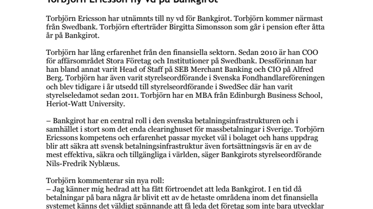 Torbjörn Ericsson ny vd på Bankgirot 