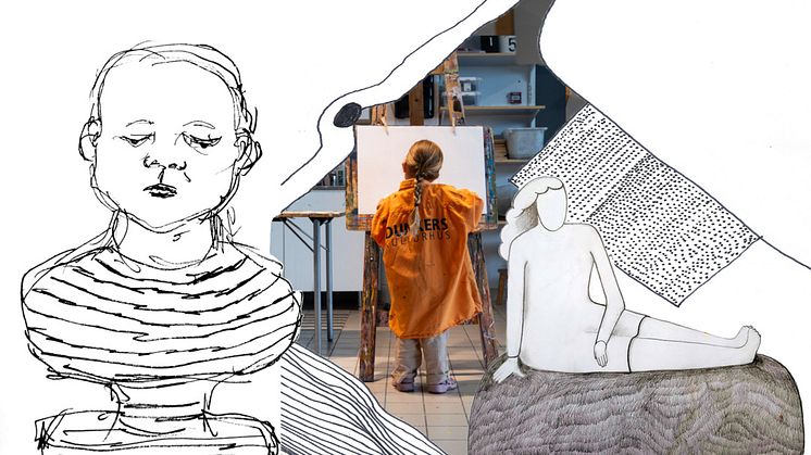 Under hökens vingar kom – en konst(ig) utställning för barn och vuxna är den första utställningen som visas i nya Konsthallen på entréplan och öppnar 30 september. Illustration: Nan Embäck. Foto och kollage: Maja Lindberg.