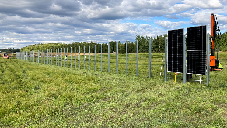 Ny byggs Solvallen i Vässlingby, som kombinerar elproduktion med fortsatt brukande av marken för odling av vall. Foto: Solkompaniet