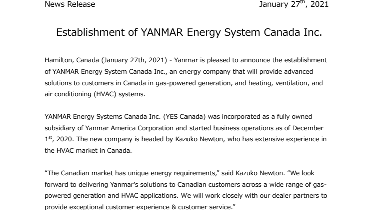 Establishment of YANMAR Energy System Canada Inc.