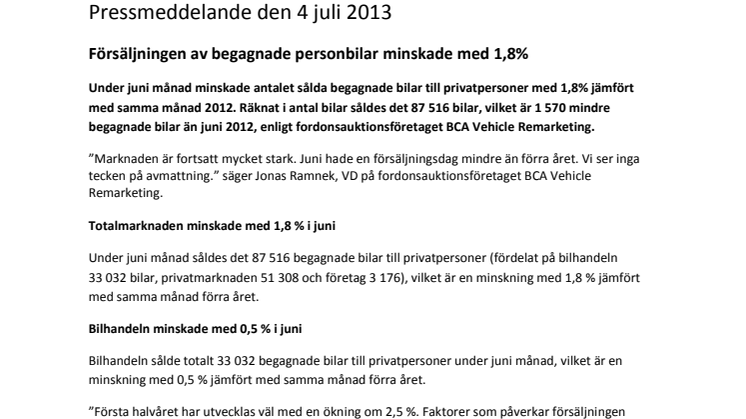 Försäljningen av begagnade personbilar minskade med 1,8%