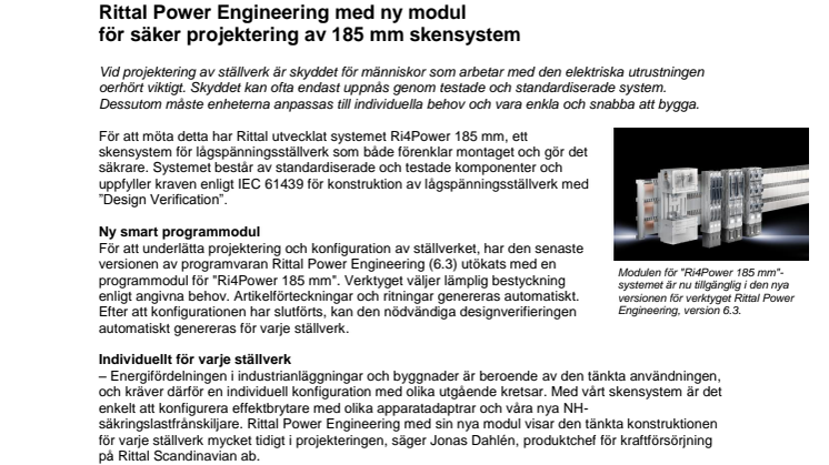 Rittal Power Engineering med ny modul för säker projektering av 185 mm skensystem