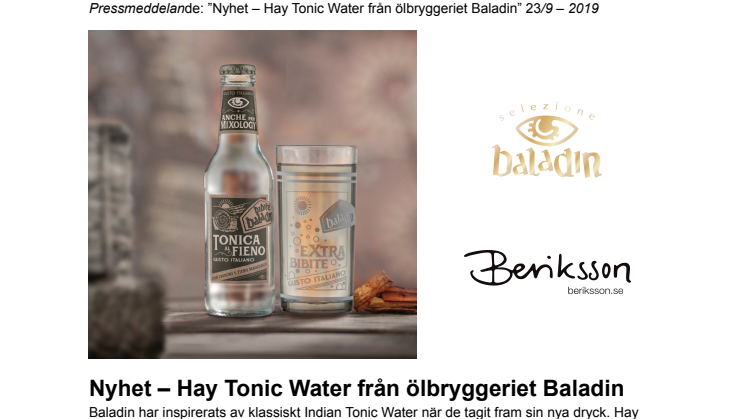 Nyhet – Hay Tonic Water från ölbryggeriet Baladin