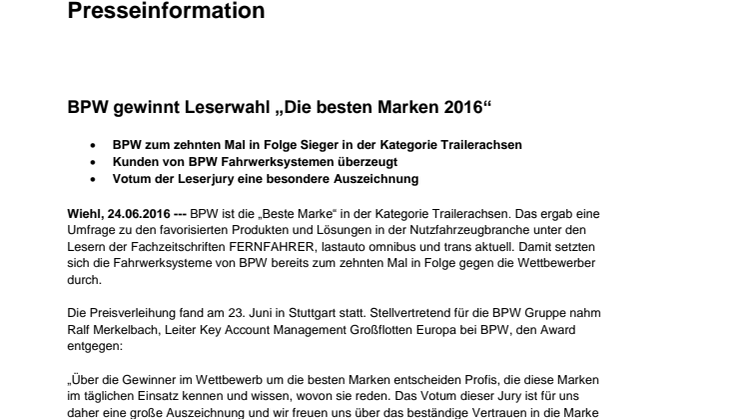 BPW gewinnt Leserwahl „Die besten Marken 2016“