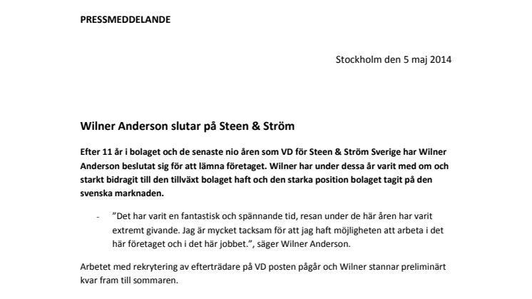 Wilner Anderson slutar på Steen & Ström