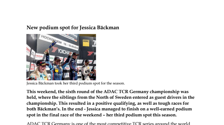 New podium spot for Jessica Bäckman