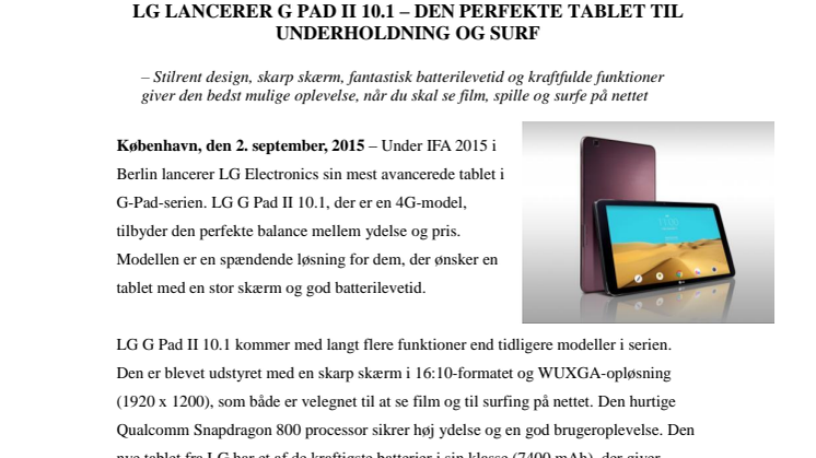 ​LG LANCERER G PAD II 10.1 – DEN PERFEKTE TABLET TIL UNDERHOLDNING OG SURF