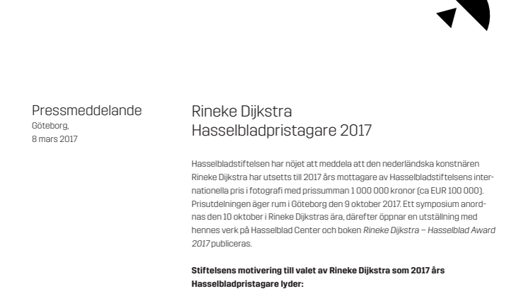​Rineke Dijkstra Hasselbladpristagare 2017