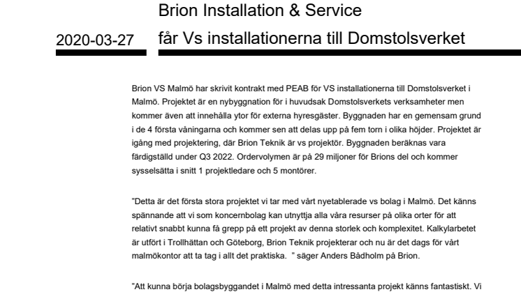 Brion Installation & Service får Vs installationerna till Domstolsverket 